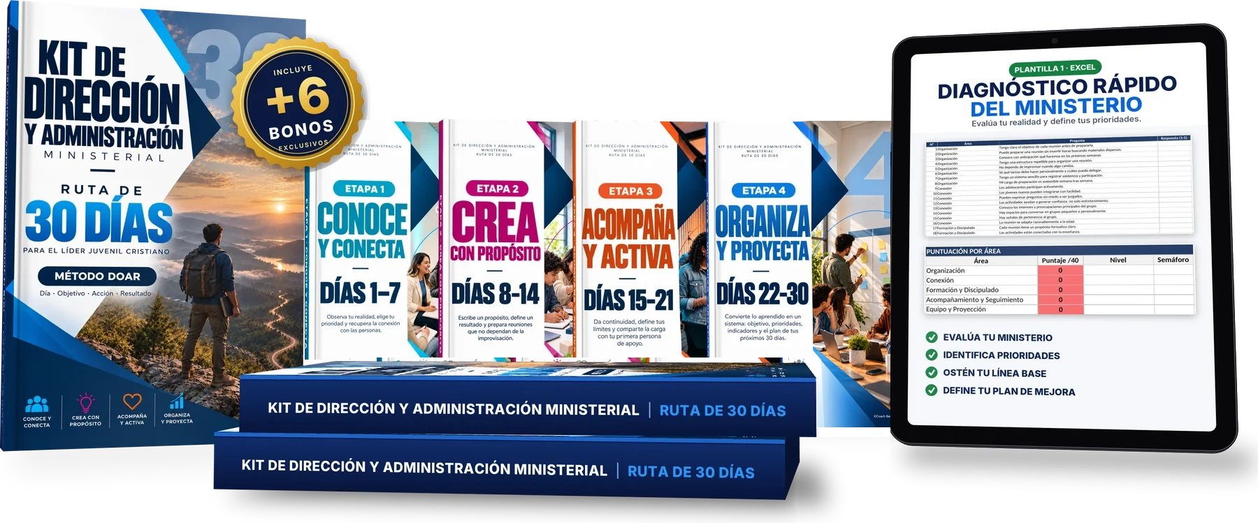 Kit de Dirección y Administración Ministerial: portada del workbook, las 4 etapas, plantilla Excel en tablet y sello de 6 bonos incluidos